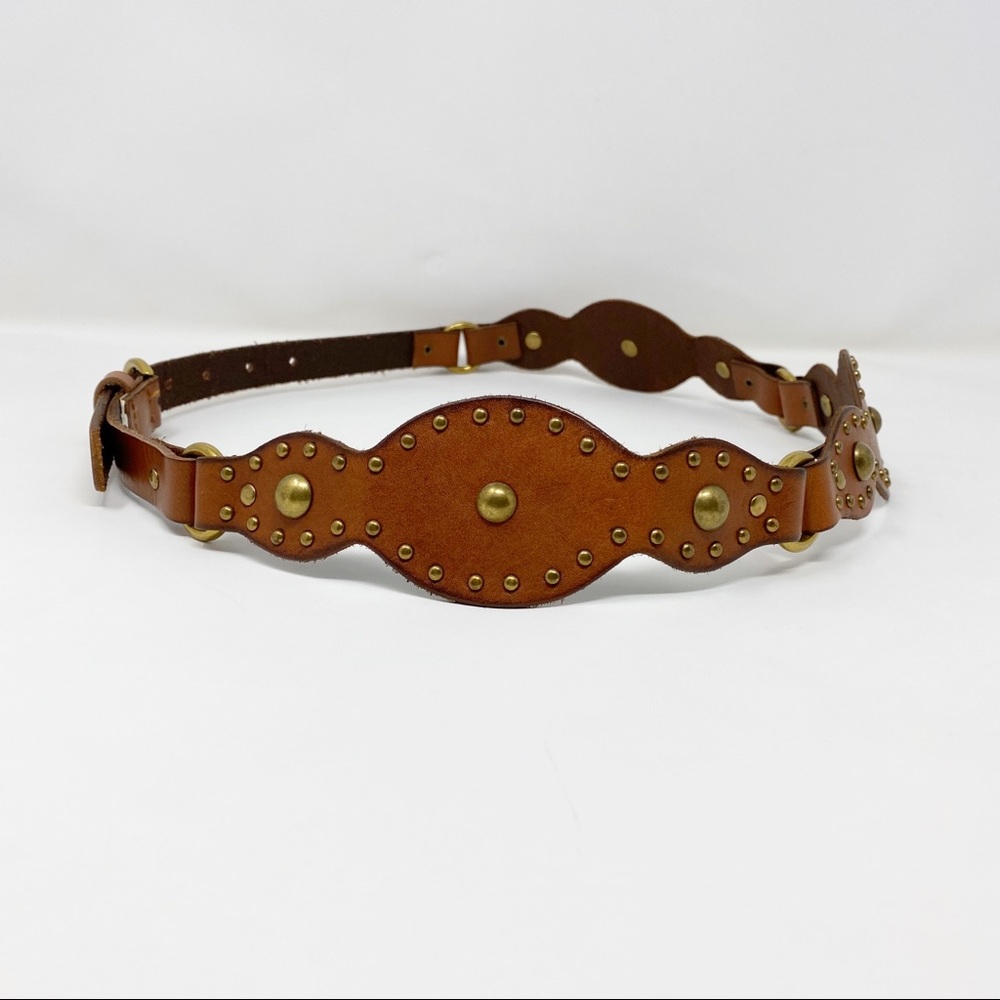 Vintage Tan Leather Studded Chain Belt Small - Picture 3 of 8